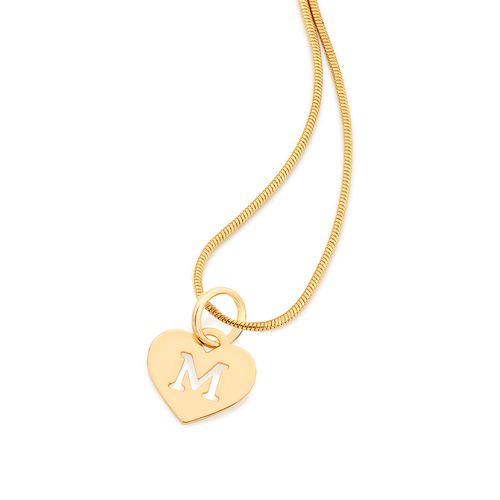 PINGENTE CORAÇÃO COM LETRA BANHADO A OURO 18K-LETRA M