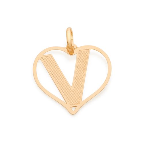 PINGENTE CORAÇÃO COM LETRA BANHADO A OURO 18K-LETRA V
