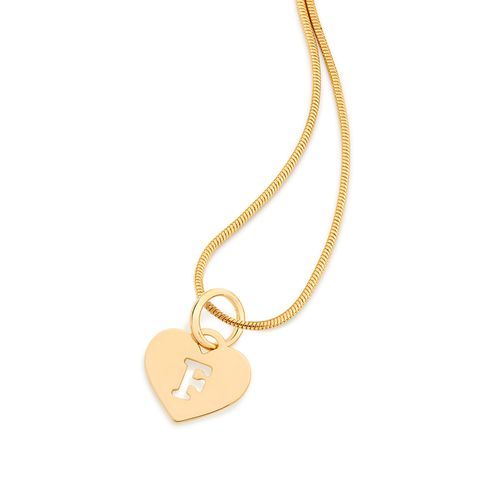 PINGENTE CORAÇÃO COM LETRA BANHADO A OURO 18K-LETRA F