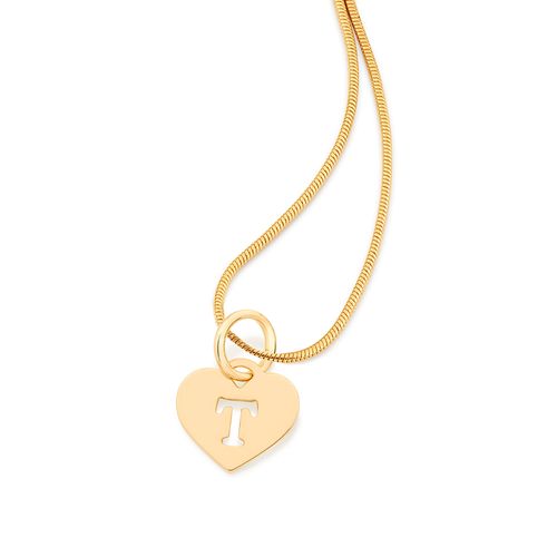PINGENTE CORAÇÃO COM LETRA BANHADO A OURO 18K-LETRA T
