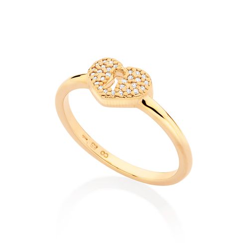 ANEL SKINNY CORAÇÃO FECHADURA BANHADO A OURO 18K COM ZIRCÔNIAS
