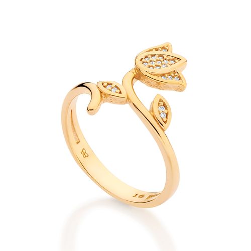 ANEL SKINNY FLOR TULÍPA BANHADO A OURO 18K COM ZIRCÔNIAS