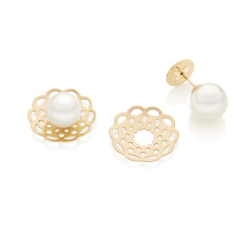 BRINCO BANHADO A OURO 18K FLOR COM PÉROLA SINTÉTICA