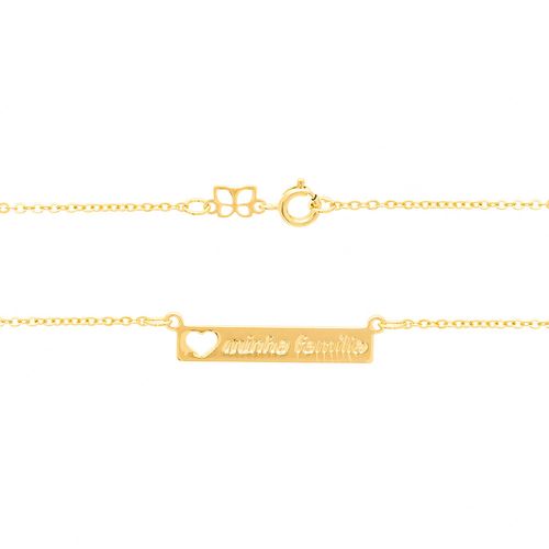 GARGANTILHA BANHADA A OURO 18K COM PLACA ESCRITO MINHA FAMÍLIA E CORAÇÃO VAZADO