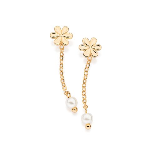 BRINCO PÊNDULO COM FLOR E PÉROLAS SINTÉTICAS BANHADO A OURO 18K