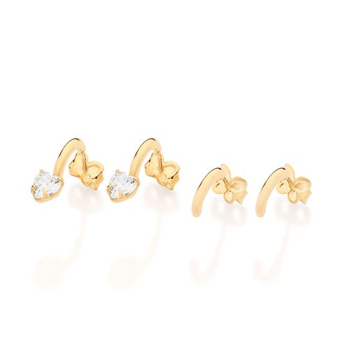 KIT BRINCO MEIA ARGOLA COM ZIRCÔNIAS CORAÇÃO BANHADO A OURO 18K