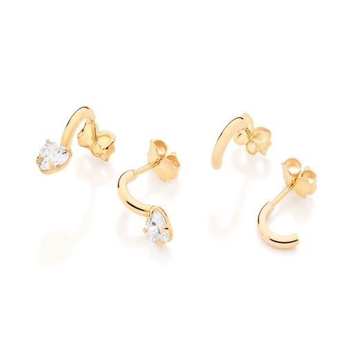 KIT BRINCO MEIA ARGOLA COM ZIRCÔNIAS CORAÇÃO BANHADO A OURO 18K