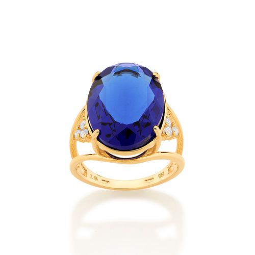 MAXI ANEL BANHADO A OURO 18K COM ZIRCÔNIAS E CRISTAL OVAL