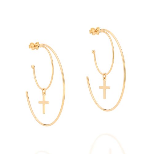 BRINCO MEIA ARGOLA DUPLA BANHADO A OURO 18K COM CRUZ