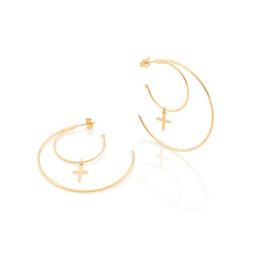 BRINCO MEIA ARGOLA DUPLA BANHADO A OURO 18K COM CRUZ
