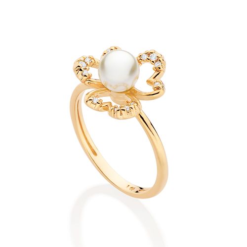 ANEL FLOR COM PÉROLA BANHADO A OURO 18K
