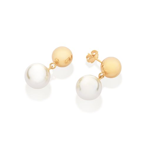 BRINCO PÊNDULO BANHADO A OURO 18K COM ESFERAS E PÉROLAS SINTÉTICAS