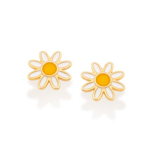 BRINCO INFANTIL MARGARIDA BANHADO A OURO 18K COM APLICAÇÃO DE RESINA