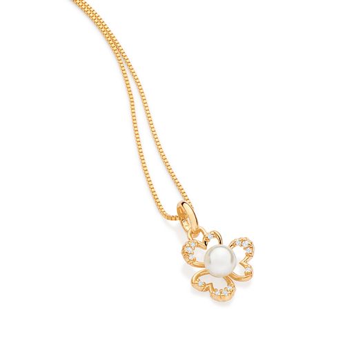 PINGENTE FLOR BANHADO A OURO 18K COM ZIRCÔNIAS E PÉROLA SINTÉTICA