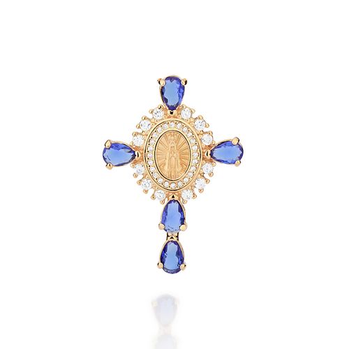 PINGENTE CRUZ COM NOSSA SENHORA APARECIDA BANHADO A OURO 18K COM ZIRCÔNIAS E CRISTAIS