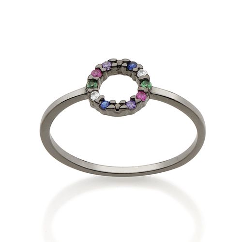ANEL SKINNY RING BANHADO A RHODIUM NEGRO COM ZIRCÔNIAS COLORIDAS