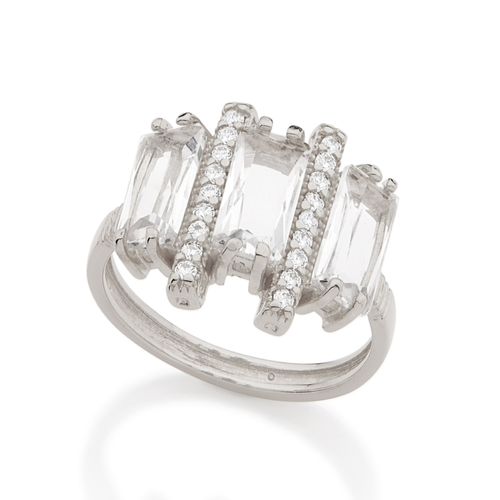 ANEL RETANGULOS BANHADO A RHODIUM COM ZIRCÔNIAS E CRISTAIS