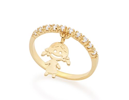 ANEL BANHADO A OURO 18K COM MENINA E ZIRCÔNIAS