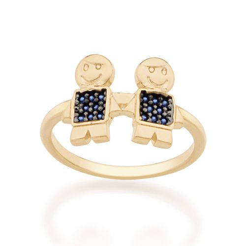 ANEL DOIS MENINOS BANHADO A OURO 18K COM ZIRCÔNIAS E APLICAÇÃO DE RHODIUM NEGRO
