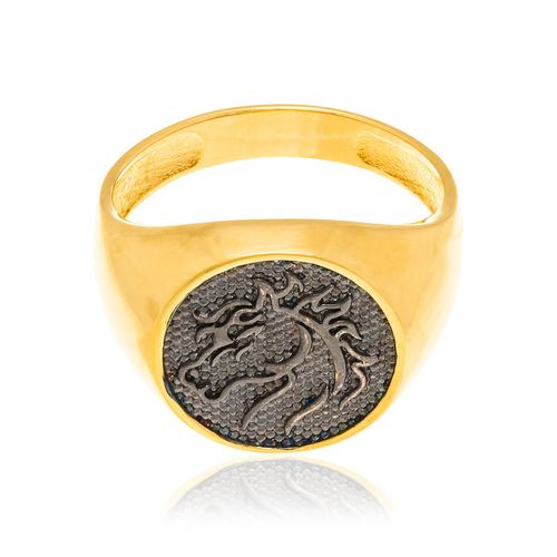 ANEL MASCULINO CAVALO BANHADO A OURO 18K COM APLICAÇÃO DE RHODIUM NEGRO