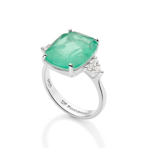 ANEL SOLITÁRIO DE PRATA MACIÇA 925 COM CRISTAL FUSION TURMALINA E ZIRCÔNIAS