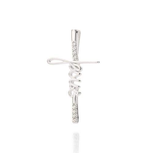 PINGENTE CRUZ ESCRITO JESUS DE PRATA 925 COM ZIRCÔNIAS