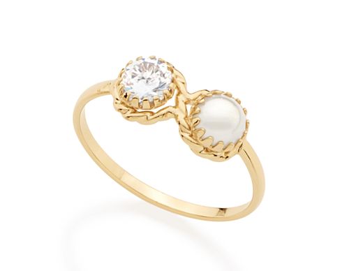 ANEL BANHADO A OURO 18K COM ZIRCÔNIA E PÉROLA SINTÉTICA