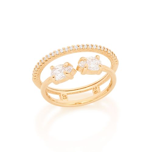 ANEL BANHADO A OURO 18K COM ARO DUPLO E ZIRCÔNIAS NO FORMATO GOTA