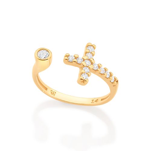 ANEL AJUSTÁVEL CRUZ BANHADO A OURO 18K COM ZIRCÔNIAS