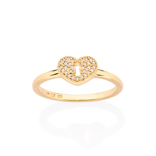 ANEL SKINNY CORAÇÃO FECHADURA BANHADO A OURO 18K COM ZIRCÔNIAS
