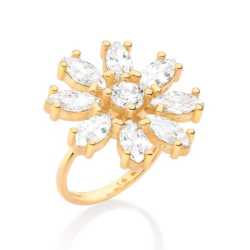 MAXI ANEL FLOR BANHADO A OURO 18K COM ZIRCÔNIAS