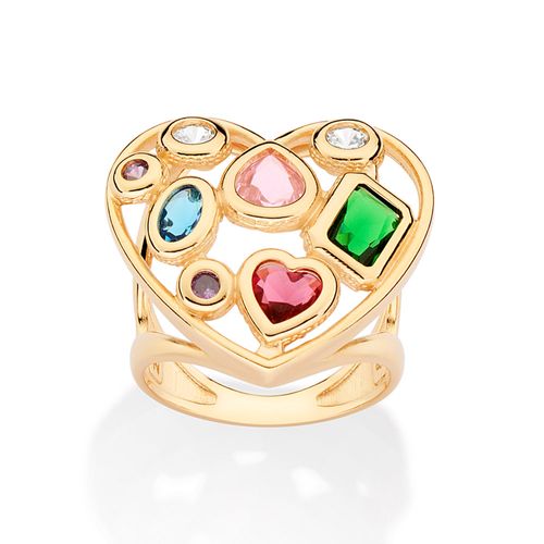 MAXI ANEL CORAÇÃO DE RETALHOS BANHADO A OURO 18K COM ZIRCÔNIAS E CRISTAIS