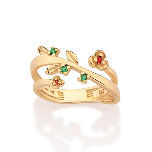 ANEL ARO DUPLO FLORES BANHADO A OURO 18K COM ZIRCÔNIAS