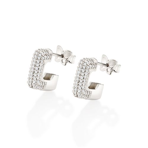 BRINCO MEIA ARGOLA QUADRADA BANHADA A PLATINA COM ZIRCÔNIAS