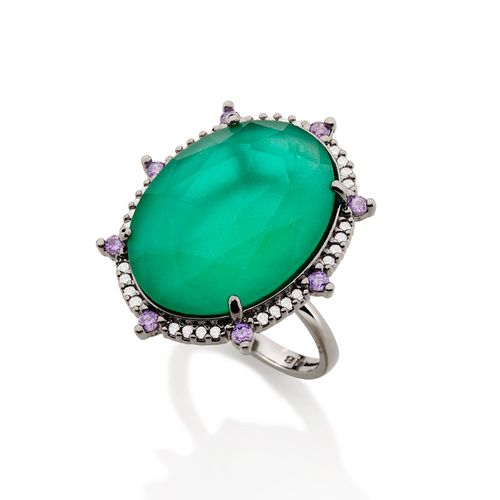 MAXI ANEL BANHADO A RHODIUM NEGRO COM ZIRCÔNIAS E CRISTAL OVAL