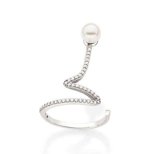 ANEL BANHADO A PLATINA COM ZIRCÔNIAS E PÉROLA