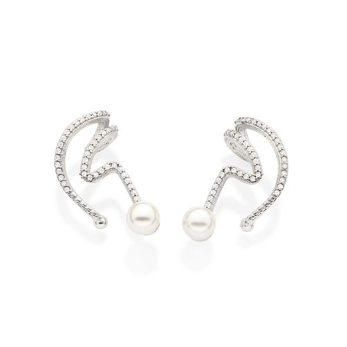 BRINCO EAR CUFF ABSTRATO BANHADO A PLATINA COM ZIRCÔNAIS E PÉROLAS SINTÉTICAS