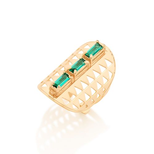 ANEL BANHADO A OURO 18K COM ARO AJUSTÁVEL TENDO PEQUENOS TRIANGULOS E CRISTAIS