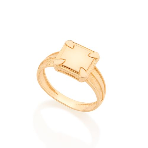 ANEL BANHADO A OURO 18K QUADRADO COM GARRAS E DETALHE EM RELEVO