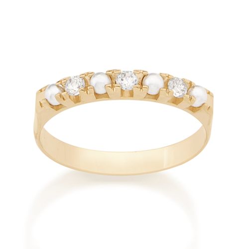 MEIA ALIANÇA BANHADO A OURO 18K COM PÉROLAS E ZIRCÔNIAS