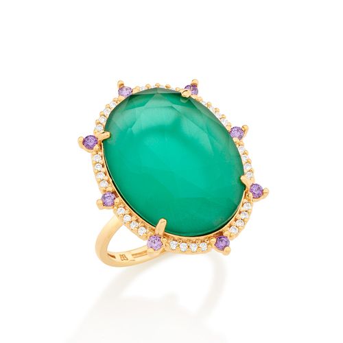 MAXI ANEL BANHADO A OURO 18K COM ZIRCÔNIAS E CRISTAL OVAL