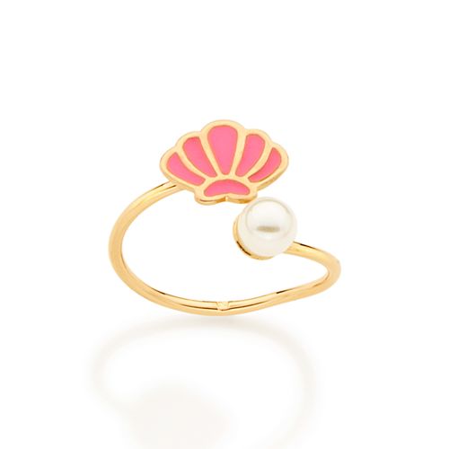 ANEL INFANTIL CONCHA BANHADO A OURO 18K COM PÉROLA E APLICAÇÃO DE RESINA