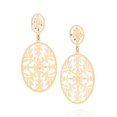 BRINCO OVAL TRABALHADO BANHADO A OURO 18K