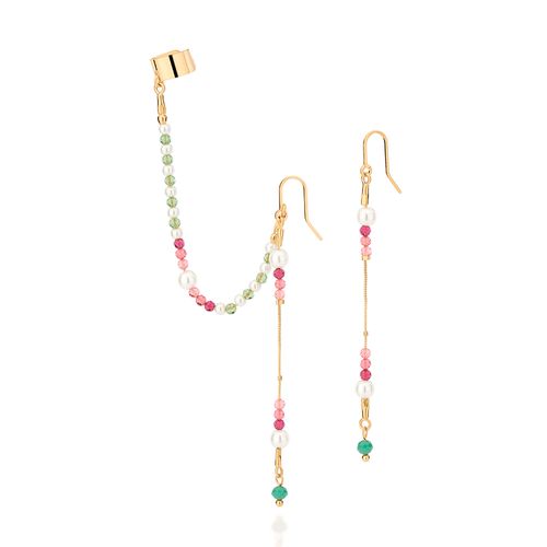 BRINCO GANCHO BANHADO A OURO 18K COM CRISTAIS E PÉROLAS