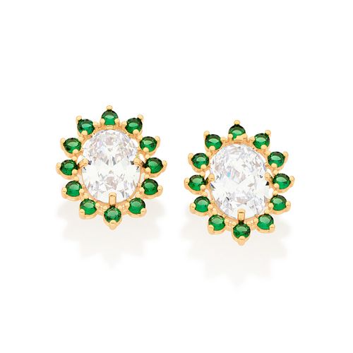 BRINCO BOTÃO OVAL BANHADO A OURO 18K COM ZIRCÔNIAS