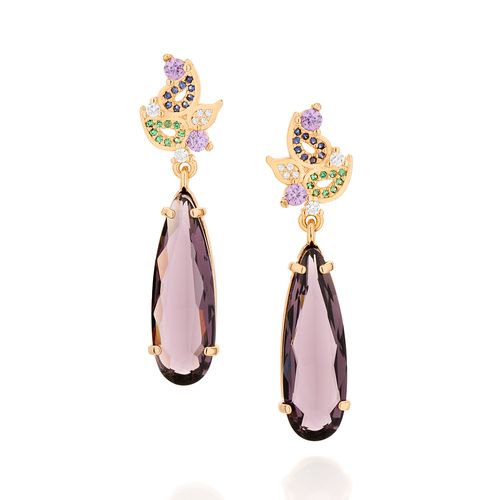 BRINCO BANHADO A OURO 18K FOLHAS COM CRISTAIS E ZIRCÔNIAS