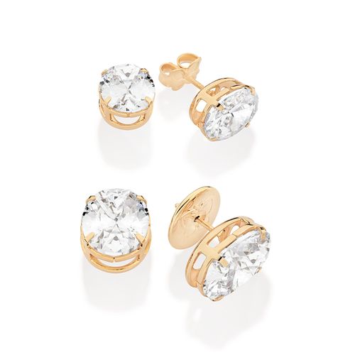 KIT BRINCO OVAL BANHADO A OURO 18K COM ZIRCÔNIAS