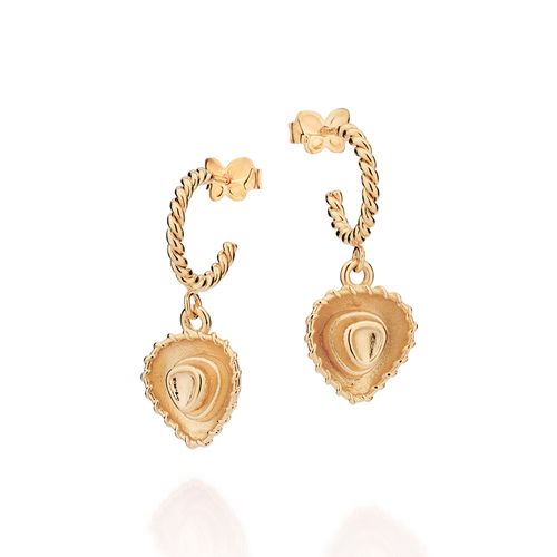 BRINCO MEIA ARGOLA TORCIDA COM CHAPÉU WOOD BANHADO A OURO 18K