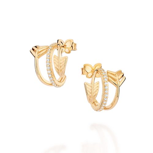 BRINCO MEIA ARGOLA TRIPLA COM FLEXA BANHADO A OURO 18K COM ZIRCÔNIAS