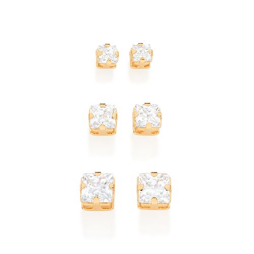 KIT BRINCOS SOLITÁRIOS BANHADOS A OURO 18K